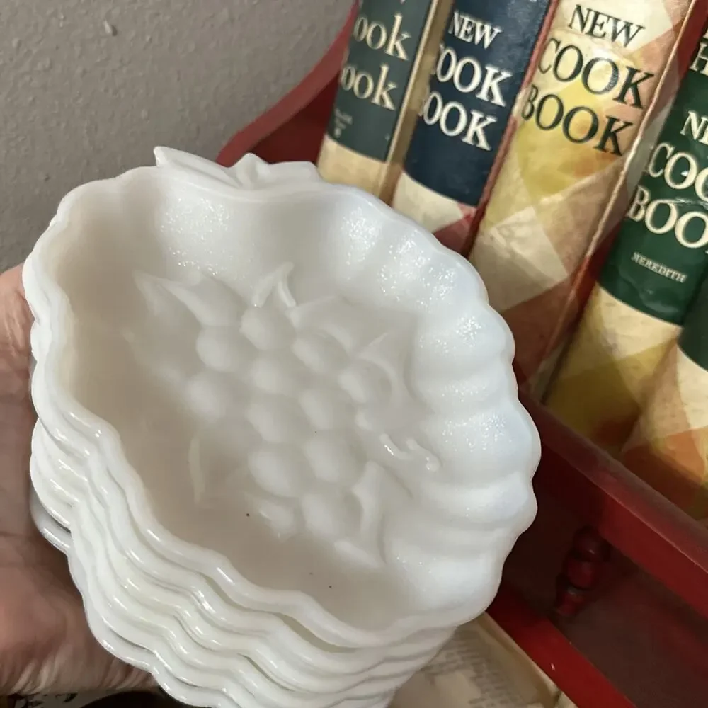 Vintage Hazel Atlas White Milk Glass Grape Pattern‎ Candy/Snack Dish Set of 6